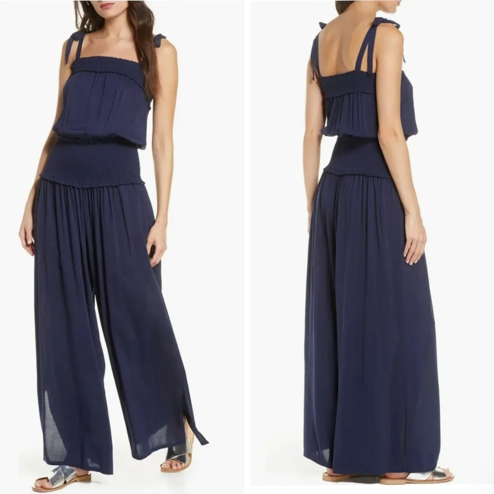 Tory Burch Smocked Tie Shoulder Wide Leg Jumpsuit Resort Flowy Navy Blue XS